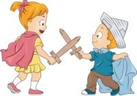 two children having a friendly competition with fake swords