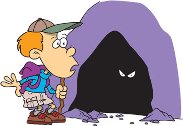 a boy outside a dark cave