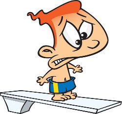 a scared boy on a diving board