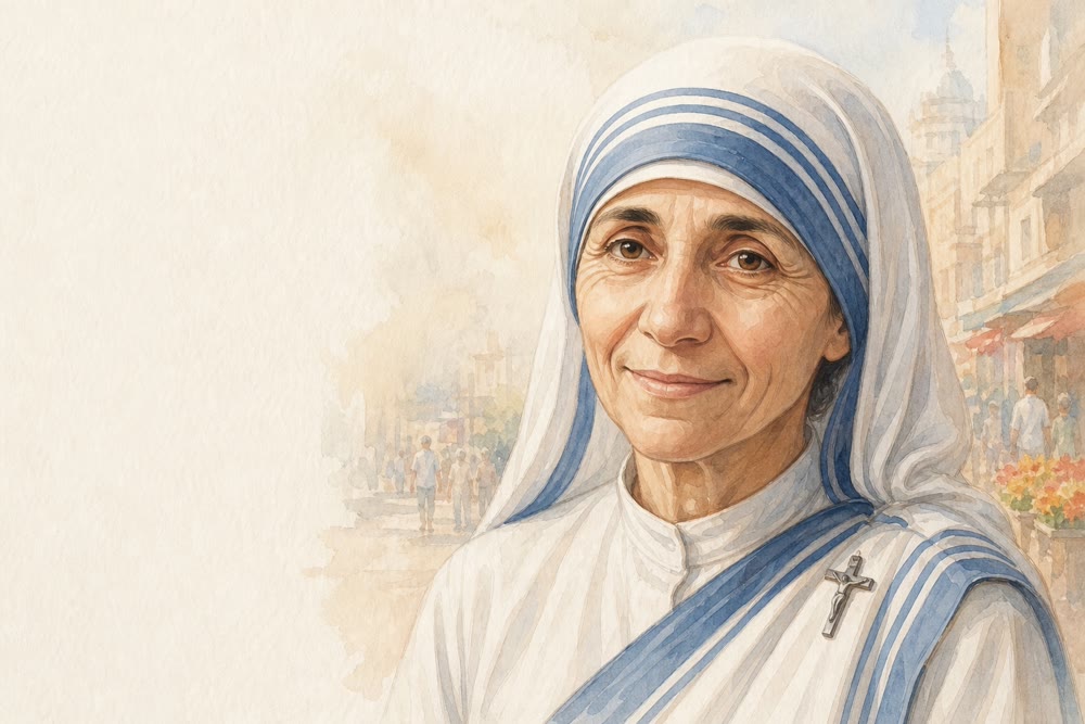 Mother Teresa smiling, in her white sari with a blue border