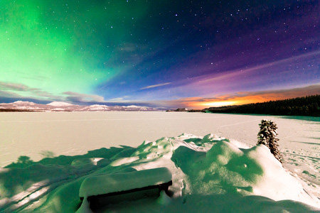 Northern Lights over frozen Lake Laberge, Yukon Territory, Canada