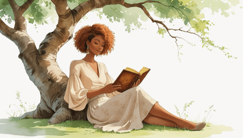 a woman reading a book under a tree