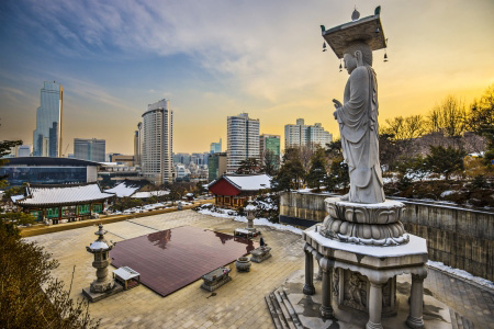 Seoul, South Korea skyline from Bongeunsa Temple