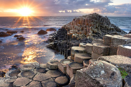 Sunset at Giant s Causeway in North Antrim, Northern Ireland