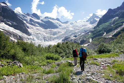 Hikers in Caucasus mountains